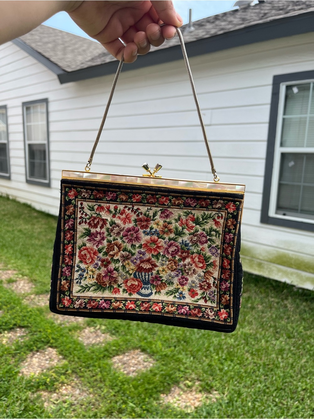 Vintage Floral Needlepoint Box Handbag - Multicolor